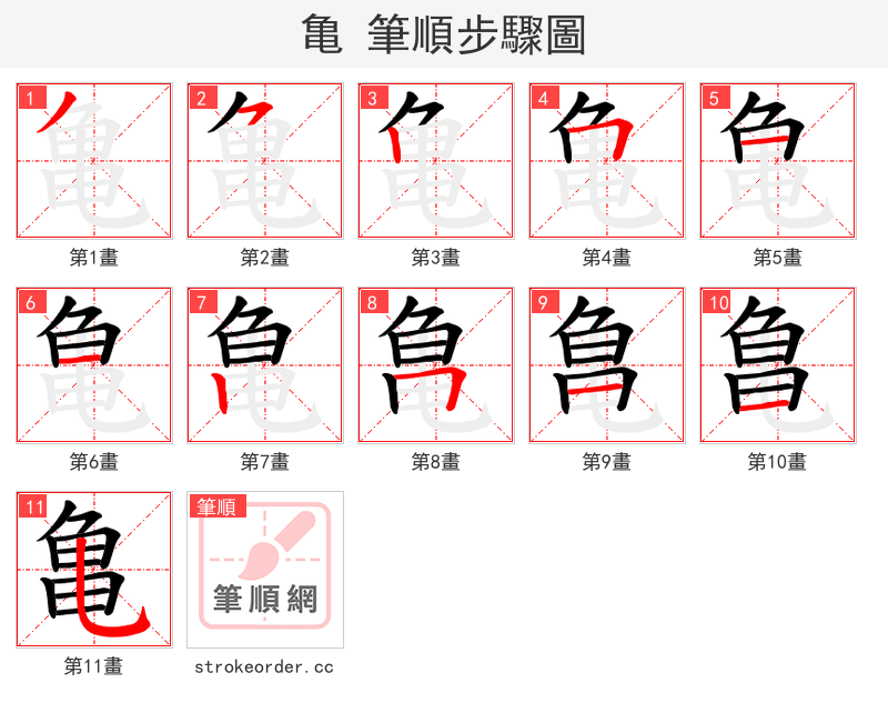 亀 的笔顺分步演示