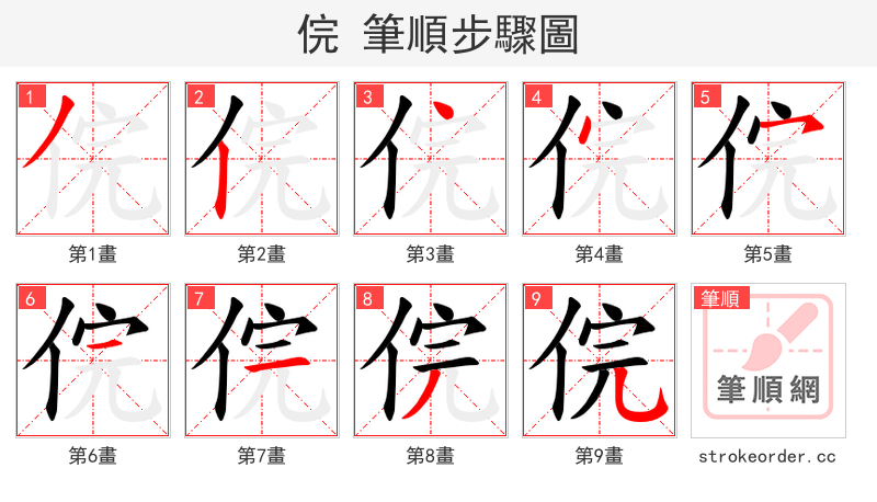 俒 的笔顺分步演示