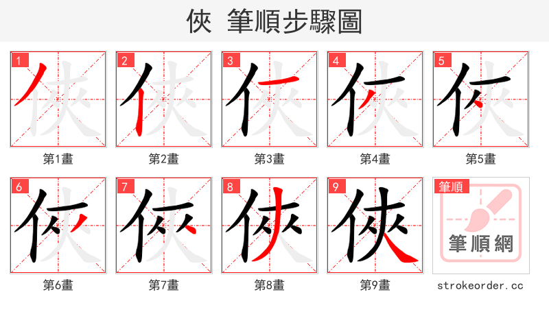 俠 的笔顺分步演示