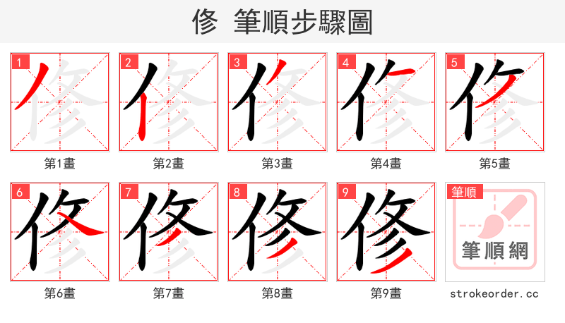 俢 的笔顺分步演示