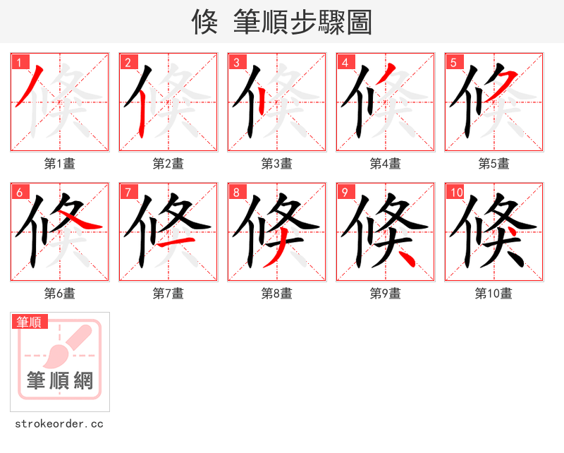 倏 的笔顺分步演示