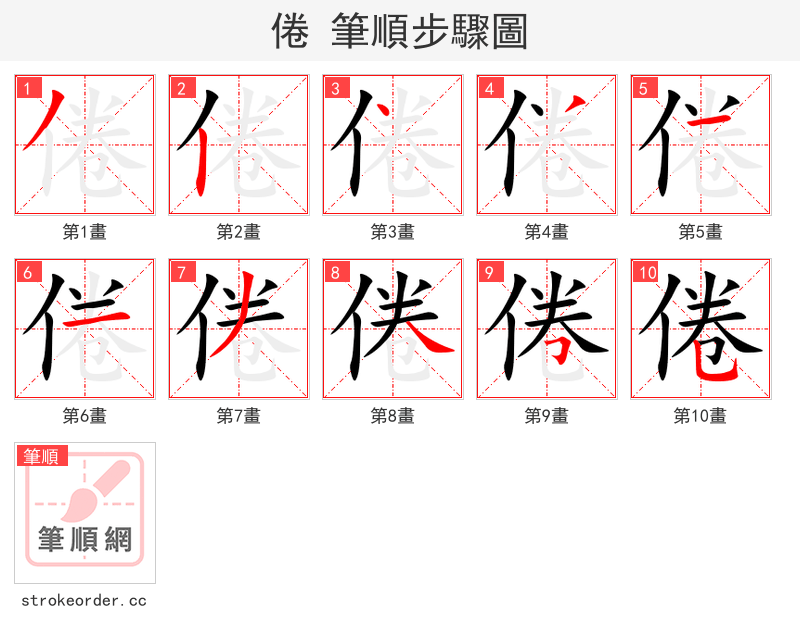 倦 的笔顺分步演示