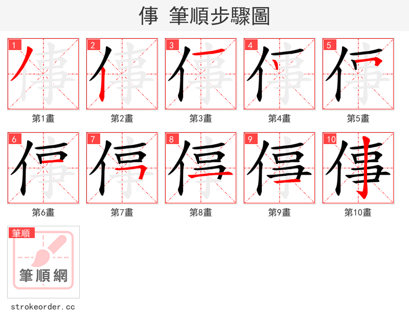 倳 的笔顺分步演示