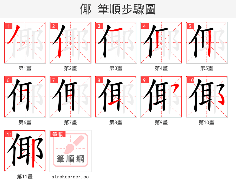 倻 的笔顺分步演示