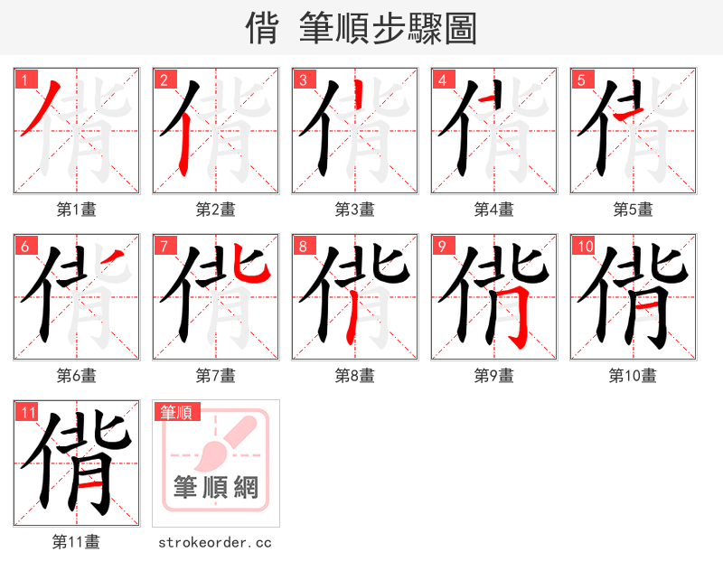 偝 的笔顺分步演示