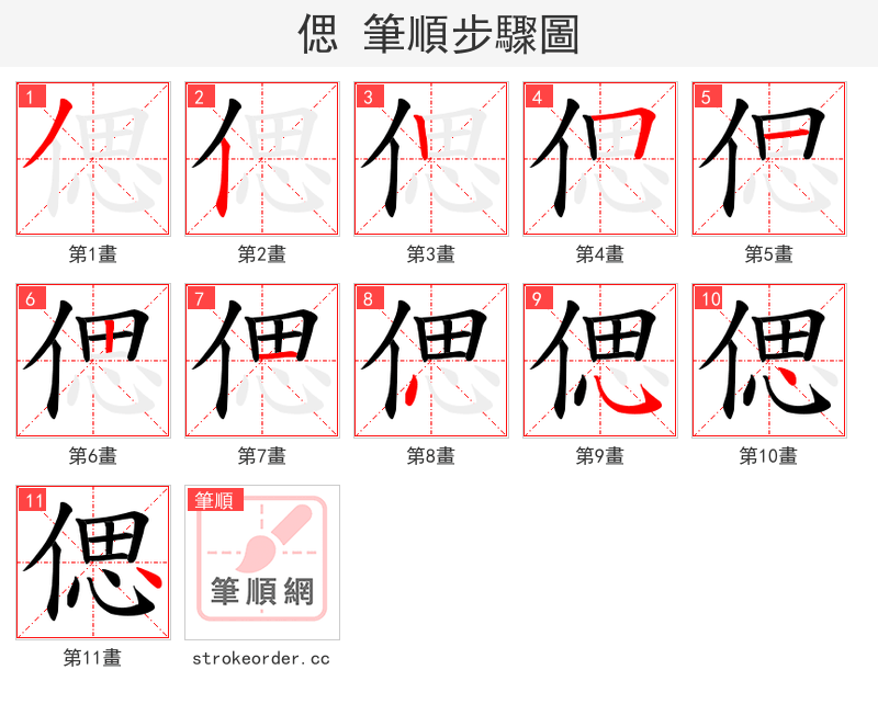 偲 的笔顺分步演示