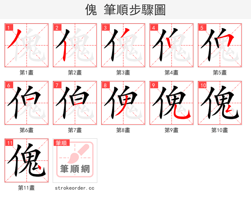 傀 的笔顺分步演示