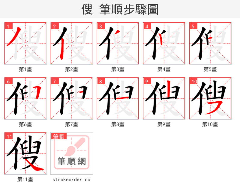 傁 的笔顺分步演示