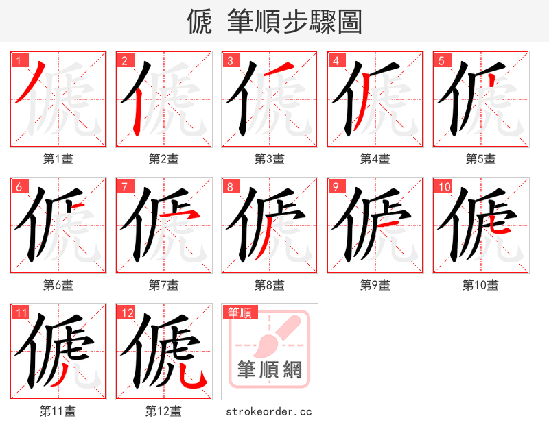 傂 的笔顺分步演示