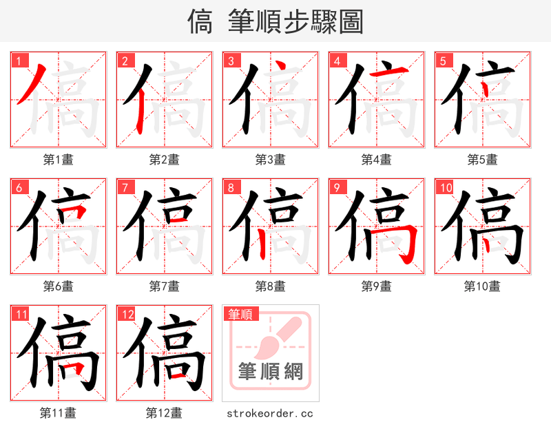 傐 的笔顺分步演示