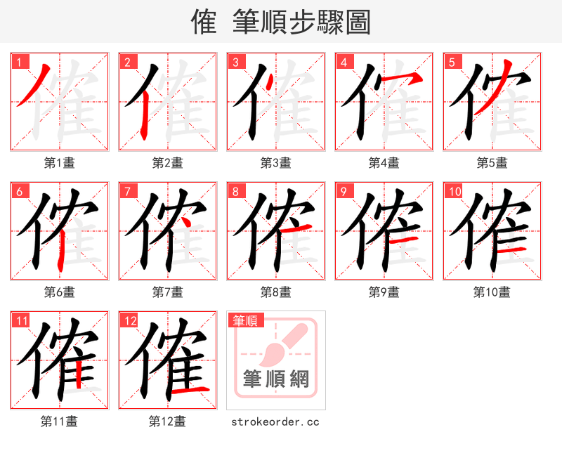 傕 的笔顺分步演示