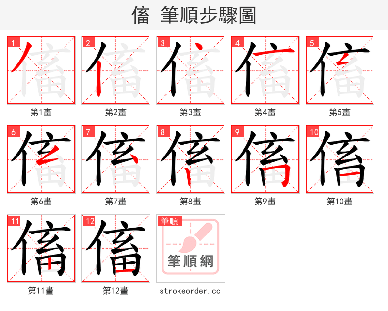 傗 的笔顺分步演示
