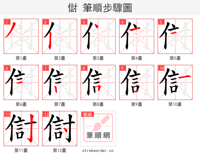 傠 的笔顺分步演示