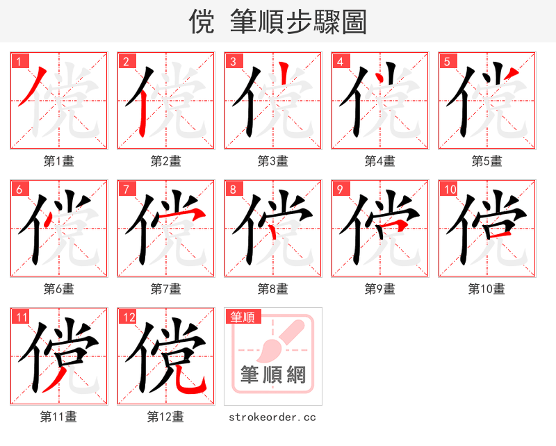 傥 的笔顺分步演示