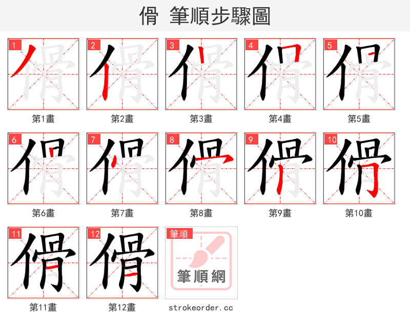 傦 的笔顺分步演示