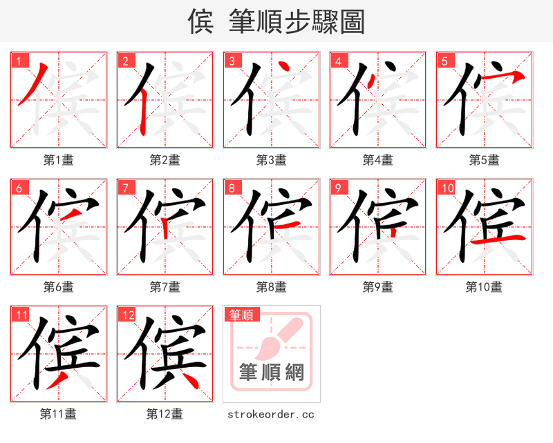 傧 的笔顺分步演示