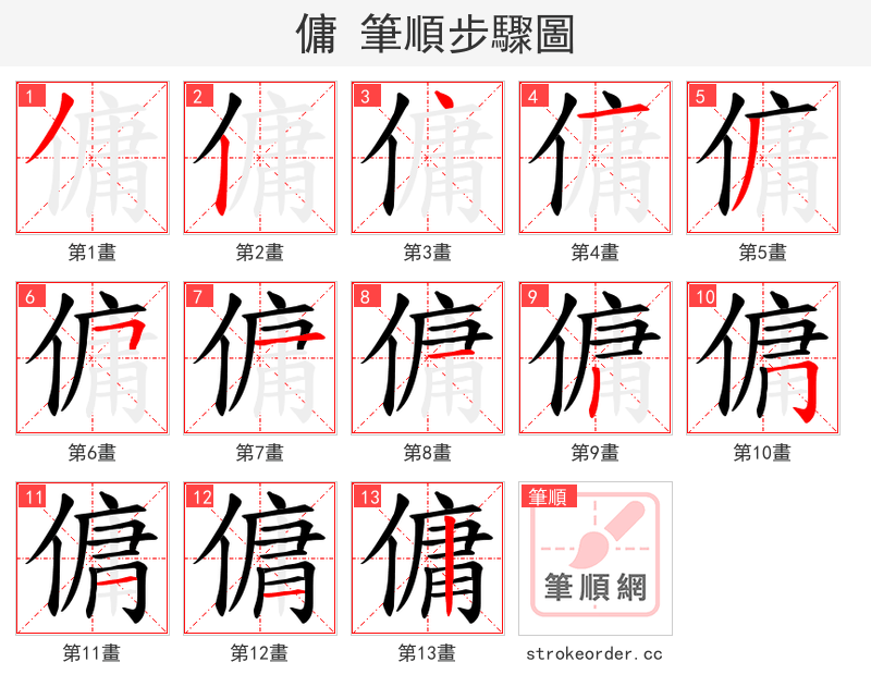 傭 的笔顺分步演示