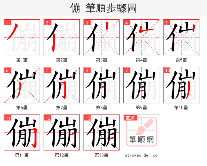 傰 的笔顺分步演示