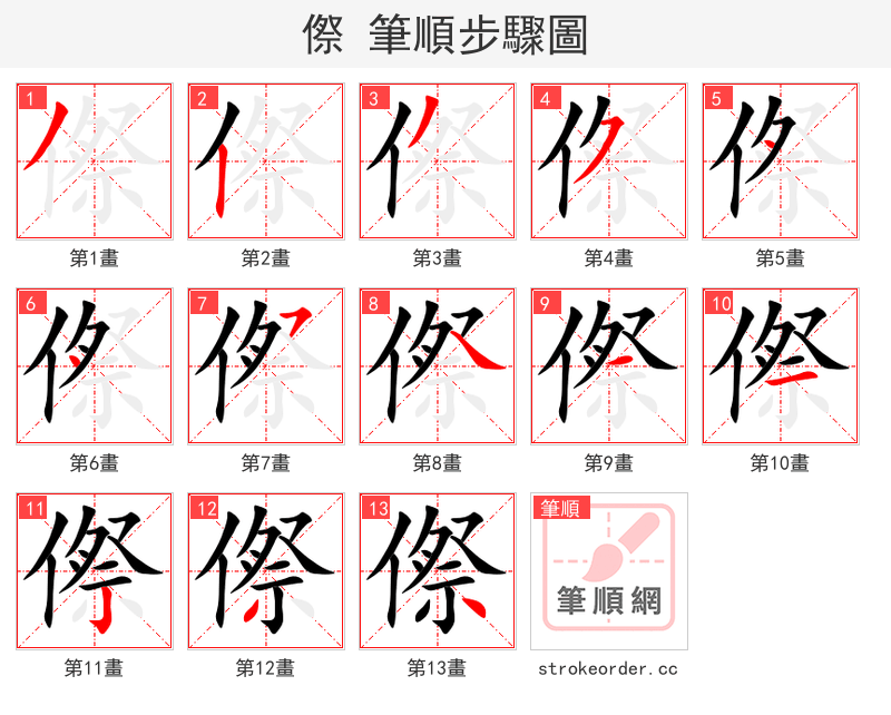 傺 的笔顺分步演示