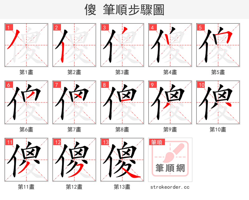 傻 的笔顺分步演示