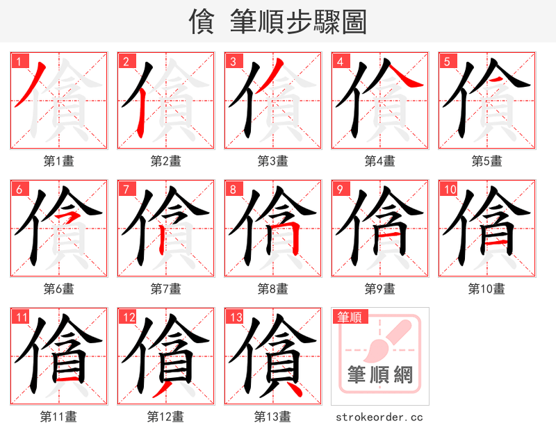 僋 的笔顺分步演示