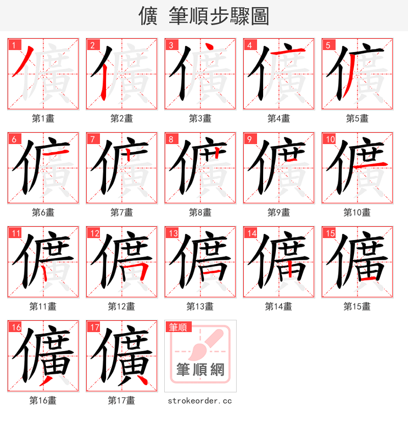 儣 的笔顺分步演示