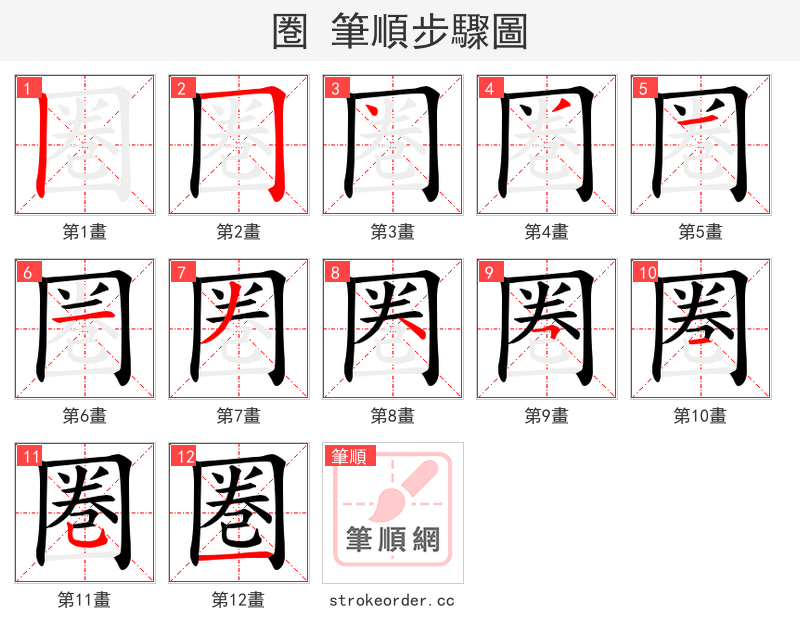 圏 的笔顺分步演示