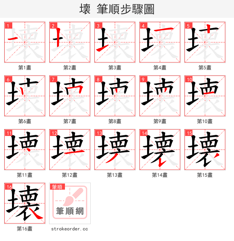 壊 的笔顺分步演示
