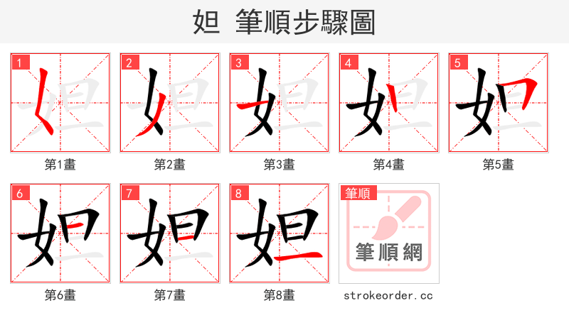 妲 的笔顺分步演示