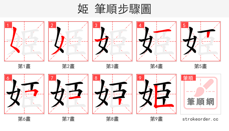 姫 的笔顺分步演示