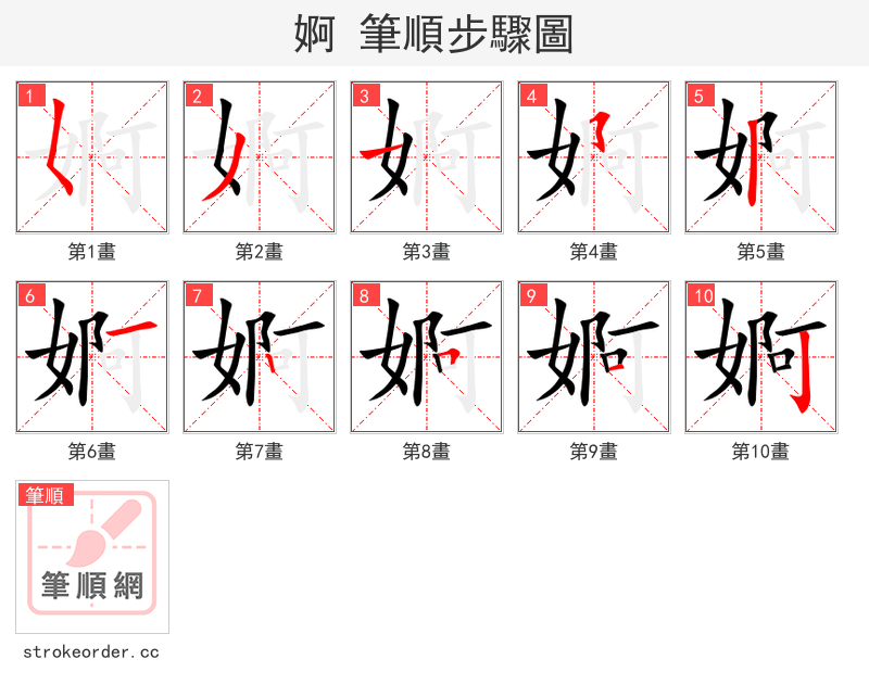 婀 的笔顺分步演示