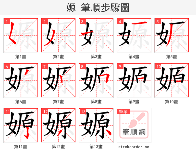 嫄 的笔顺分步演示