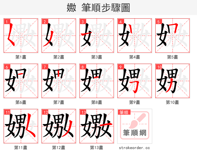 嫐 的笔顺分步演示