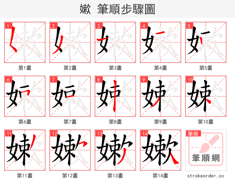 嫰 的笔顺分步演示