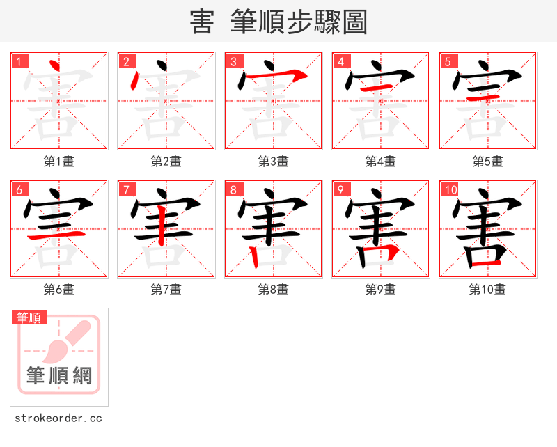 害 的笔顺分步演示