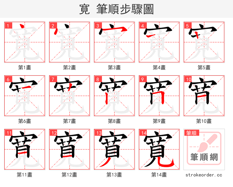 寛 的笔顺分步演示