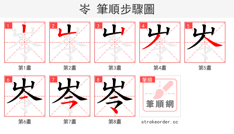岺 的笔顺分步演示