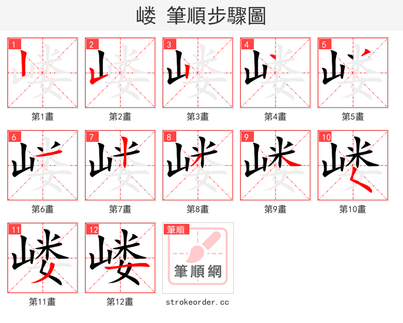 嵝 的笔顺分步演示