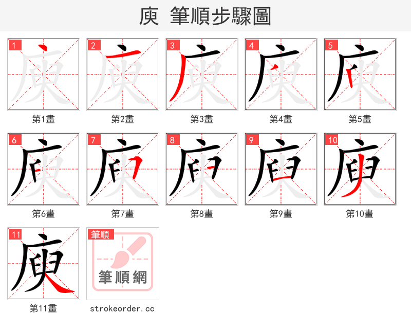 庾 的笔顺分步演示