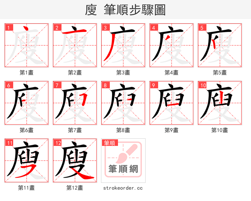 廋 的笔顺分步演示