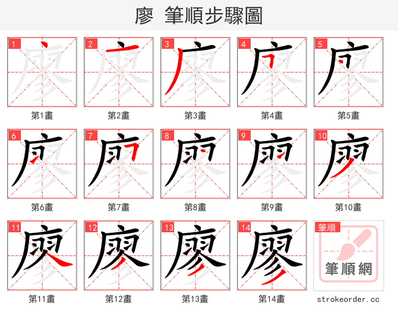 廖 的笔顺分步演示