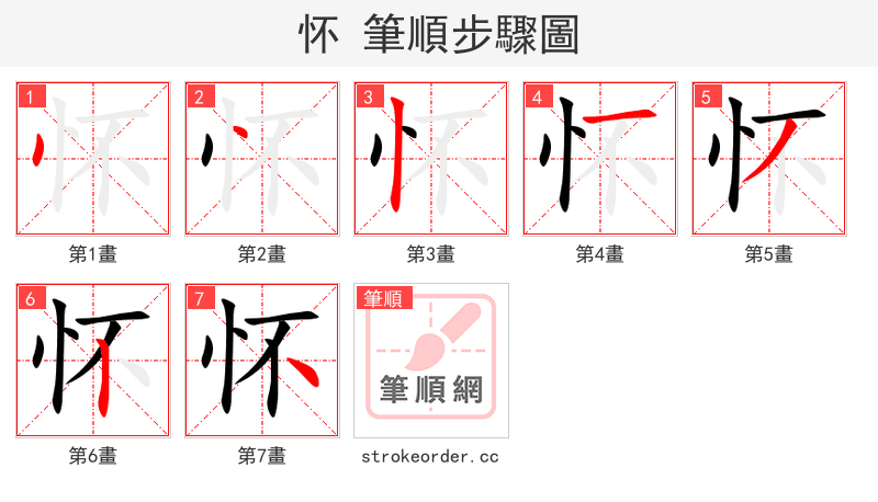 怀 的笔顺分步演示