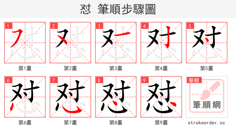 怼 的笔顺分步演示