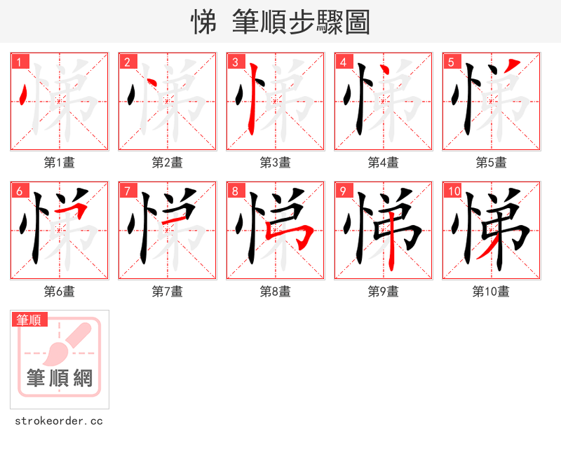 悌 的笔顺分步演示