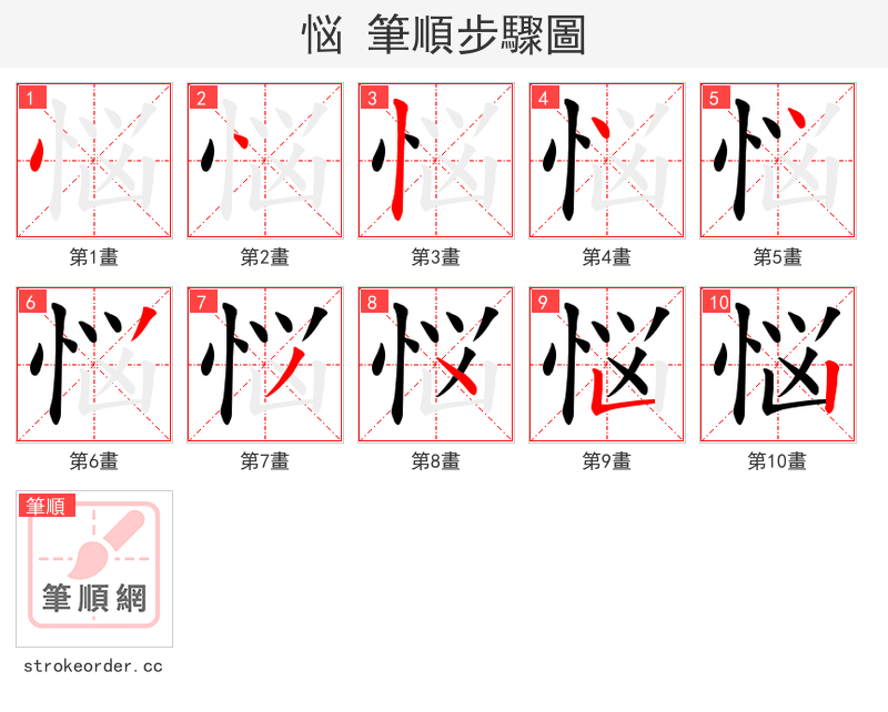 悩 的笔顺分步演示