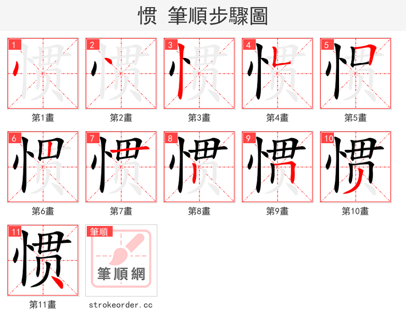 惯 的笔顺分步演示