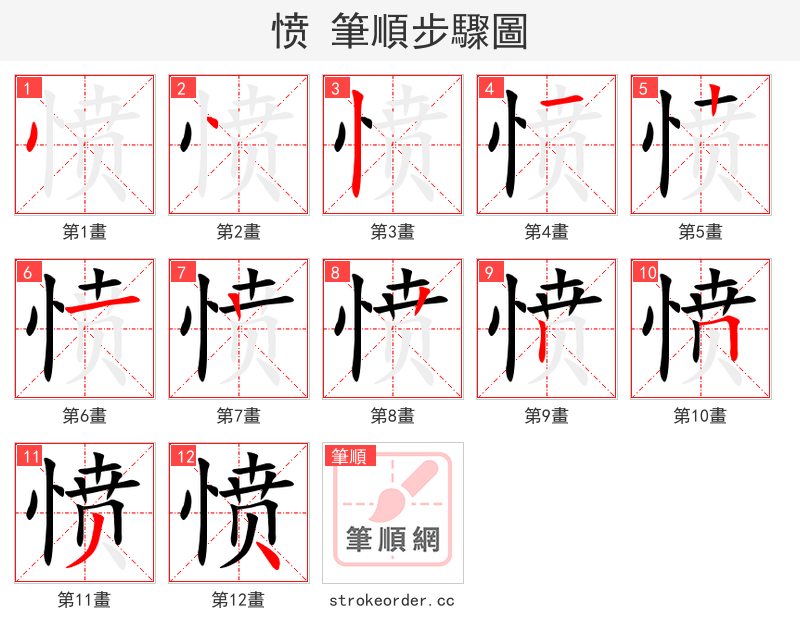 愤 的笔顺分步演示