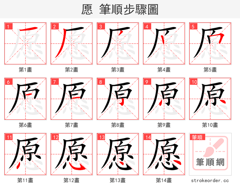 愿 的笔顺分步演示