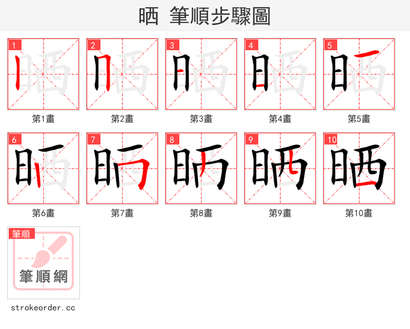 晒 的笔顺分步演示