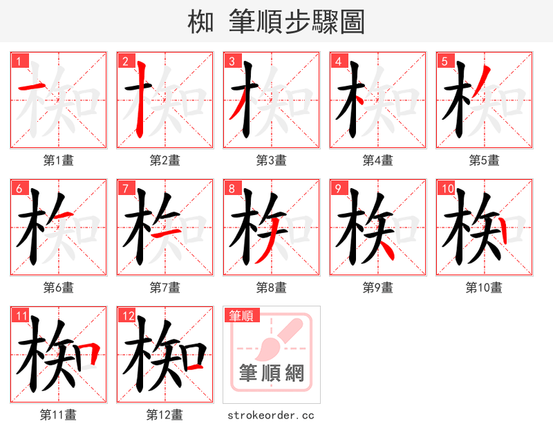 椥 的笔顺分步演示